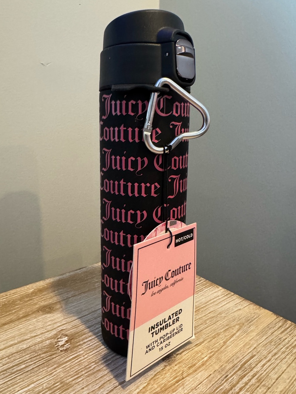Juicy Couture 15oz Insulated Tumbler with pop-up lid and caribeener